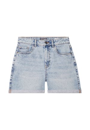 Jasnoniebieskie szorty dżinsowe z podwiniętym dołem, kieszeniami z przodu, szlufkami na pasek oraz zapięciem na guzik. Charakteryzują się wyblakłą teksturą i klasycznym designem.