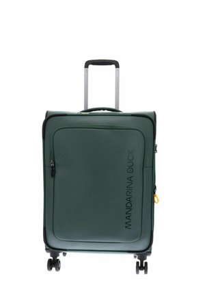 Valise souple verte avec poignée télescopique, poche zippée à l'avant, quatre roulettes pivotantes et logo "Mandarina Duck" sur le panneau avant.