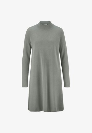 Langoureuze jurk met lange mouwen in zacht, lichtgrijs stof met een hoge hals, met een losse pasvorm die tot halverwege de dij reikt. Gladde textuur, minimale details.
