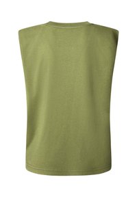 Top senza maniche in cotone verde oliva; vestibilità rilassata con scollatura rotonda e texture sottile. Orlo pulito senza hardware o accenti visibili.