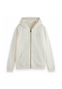 Crème kleurige zip-up hoodie met een capuchon, lange mouwen, voorzakken en een trekkoord. Gladde textuur en minimalistisch ontwerp.