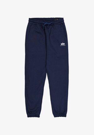 Marinefarbene Sweatpants aus weichem Stoff, mit elastischem Bund und Kordelzug, Bündchen an den Knöcheln und einem kleinen weißen Logo-Highlight.