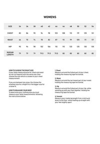Storlekstabell för kvinnor med numeriska storlekar från 34 till 54. Inkluderar mått för bröst, midja, höft och innersöm i ett strukturerat format.