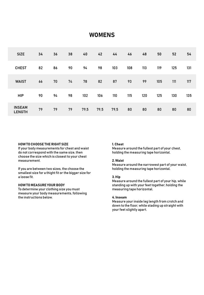 Storlekstabell för kvinnor med numeriska storlekar från 34 till 54. Inkluderar mått för bröst, midja, höft och innersöm i ett strukturerat format.