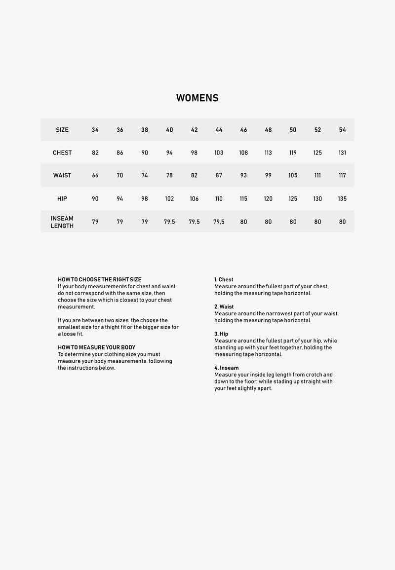 Storlekstabell för kvinnor med numeriska storlekar från 34 till 54. Inkluderar mått för bröst, midja, höft och innersöm i ett strukturerat format.