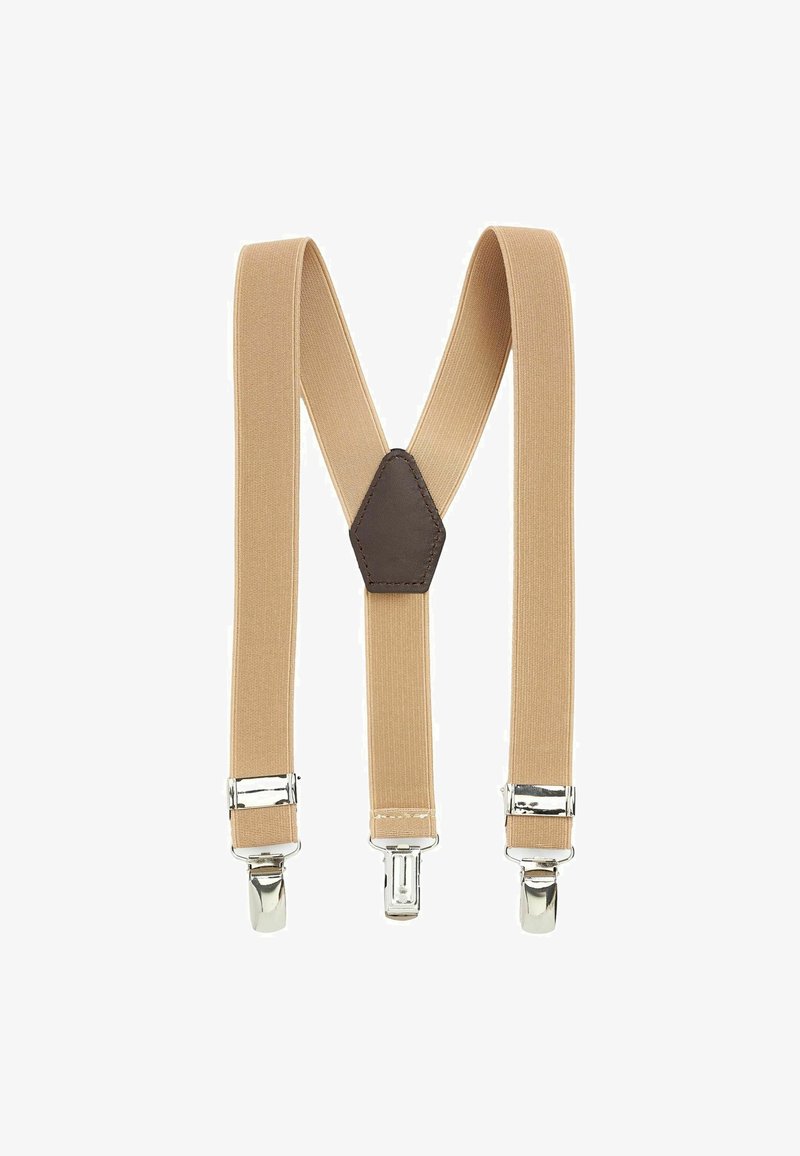Beige elastic suspenders with a leather Y-back connector and silver clips for attachment. Smooth texture, standard width, minimal design.