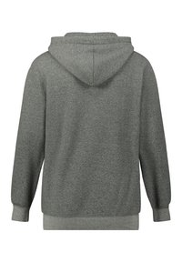 Hoodie grigio con tessuto testurizzato, cappuccio regolabile con cordino, polsini e bordo a coste. La vista posteriore mostra una costruzione senza cuciture.