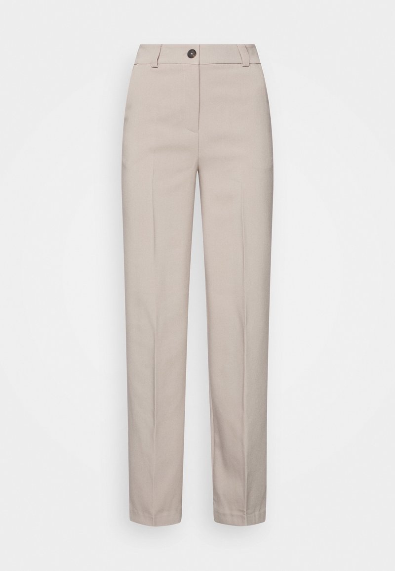 Beige op maat gemaakte broek met een rechte pijp, voorplooien, sluiting met één knoop en riemlussen. Glad stof met een subtiele textuur.