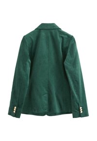 Zelený kordový blazer s límcem, dlouhými rukávy a třemi knoflíkovými detaily na manžetách. Hladká textura a přizpůsobený design.