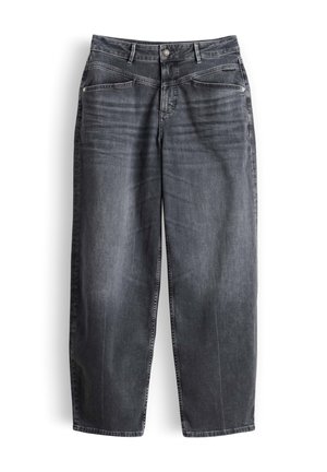 Schwarze Jeans aus Denim mit geradem Bein, leichter Verblassung, Frontknopf, Reißverschluss und Fünf-Taschen-Design, flach auf weißem Hintergrund ausgelegt.