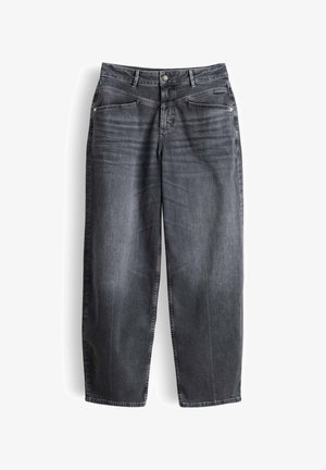 Jean denim noir à jambes droites avec légère décoloration, bouton à l'avant, fermeture éclair, et design à cinq poches, posé à plat sur fond blanc.