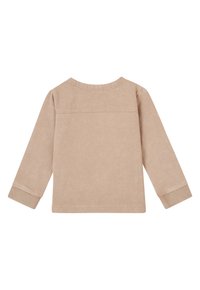 Beige lange mouwen shirt met een textuurafwerking, ronde hals en gestikte accenten op de bovenrug. De manchetten zijn slim fit.