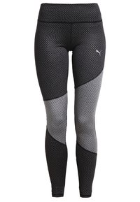 Zwarte mesh leggings met grijze geometrische panelen, voorzien van een brede tailleband en een klein logo aan de zijkant, ontworpen voor sportkleding.