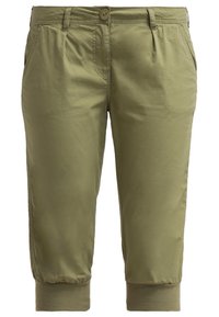 Pantalon court vert olive avec fermeture à bouton et fermeture éclair, poches latérales, et poignets côtelés aux chevilles.