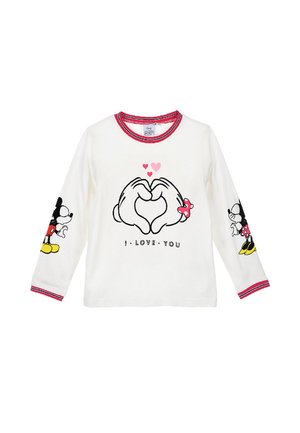 T-shirt à manches longues blanc avec un col rouge, présentant des mains graphiques formant un cœur, ainsi que Mickey et Minnie Mouse sur les manches avec le texte "JE T'AIME".