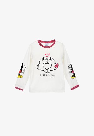 T-shirt à manches longues blanc avec un col rouge, présentant des mains graphiques formant un cœur, ainsi que Mickey et Minnie Mouse sur les manches avec le texte "JE T'AIME".