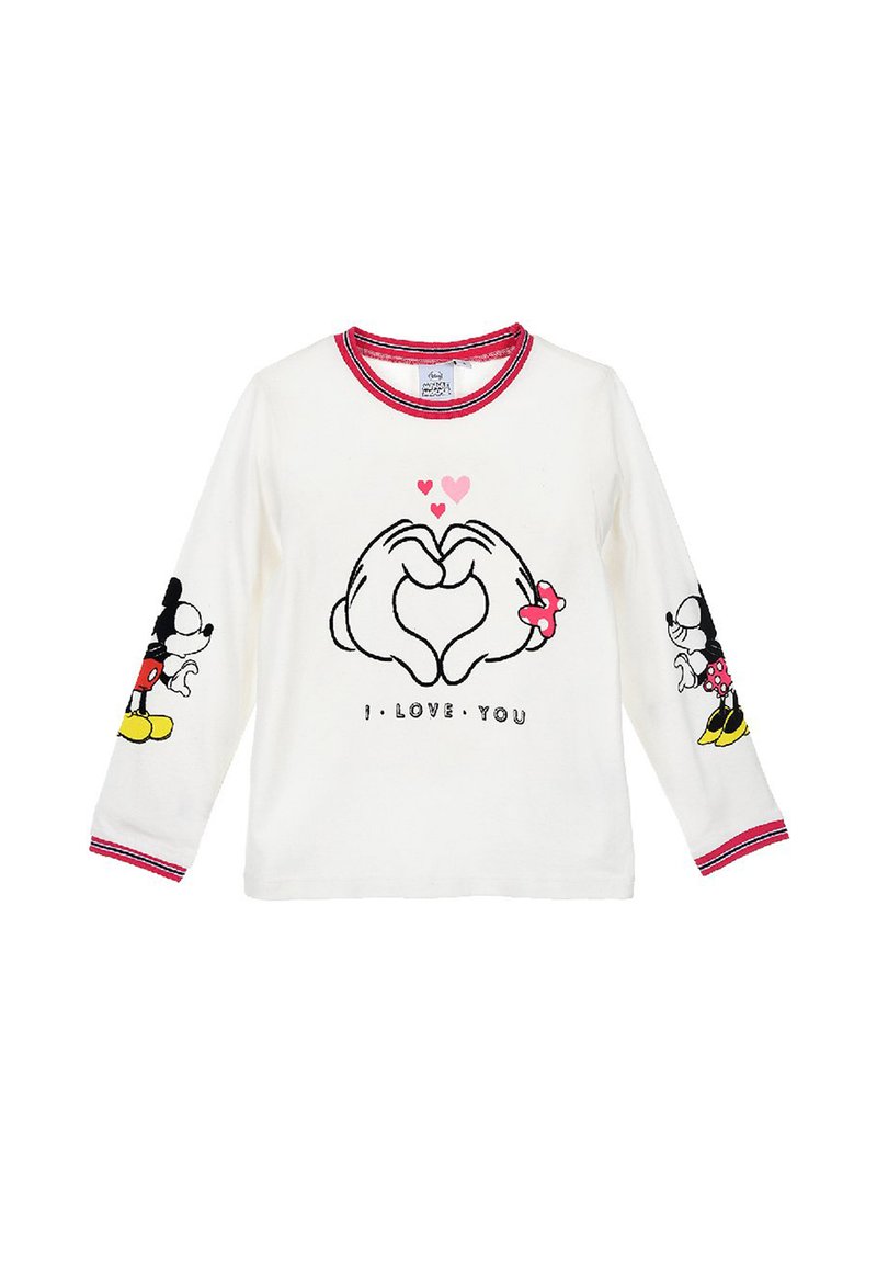 Maglietta bianca a maniche lunghe con colletto rosso, che presenta mani grafiche che formano un cuore, e Topolino e Minni Mouse sulle maniche con il testo "TI AMO".