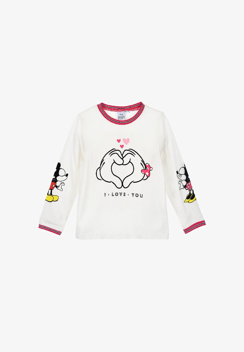 Wit T-shirt met lange mouwen en een rode kraag, met daarop grafische handen die een hart vormen en Mickey en Minnie Mouse op de mouwen met de tekst "IK HOU VAN JOU".
