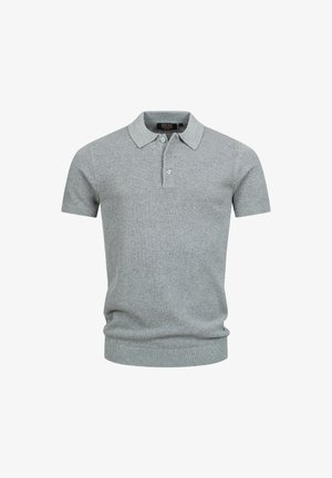Polo a maniche corte in tessuto a maglia grigio chiaro con un motivo testurizzato, dotato di colletto e patta con tre bottoni. Polsini a coste sottili.