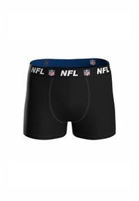 Svarta boxerkalsonger för män med NFL-logotyp och vit "NFL"-text på midjebandet, blått innerfoder och skräddarsydd sömnad på frampanelen.