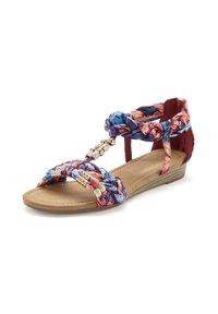 Plochá sanda s vrchnou časťou z pletenej tkaniny v modrej, ružovej a kvetinových vzoroch. Obsahuje zlaté kovové prvky a béžovú polstrovanú stielku.