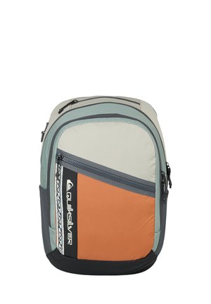 Quiksilver backpack featuring a light gray, orange, and dark gray design; rectangular shape; textured fabric; front zippered pocket; logo detail.