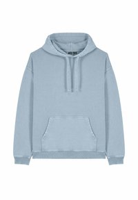 Sudadera de color azul claro hecha de algodón, con un bolsillo frontal, cordones ajustables, puños acanalados y una textura suave y lisa.