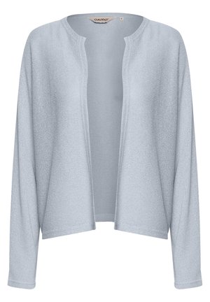 Gilet bleu clair en tricot texturé, présentant une coupe loose, une ouverture à l'avant et des manches longues sans boutons ni fermetures.