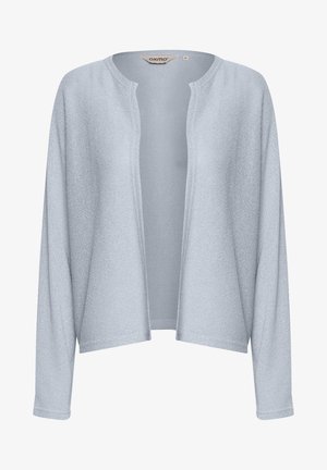 Svetlo modrý kardigán vyrobený z textúrovanej pleteniny, s voľným strihom, otvoreným predným dielom a dlhými rukávmi bez gombíkov alebo uzáverov.