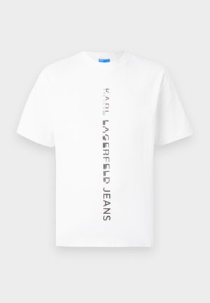 White short-sleeve t-shirt with vertical black text "KARL LAGERFELD JEANS" centered on the front.