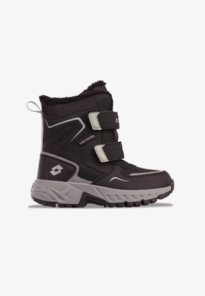 Czarne wodoodporne buty na zimę z szarą gumową podeszwą, dwiema regulowanymi rzepami i puszystym kołnierzem. Zaprojektowane do zimowych warunków atmosferycznych.