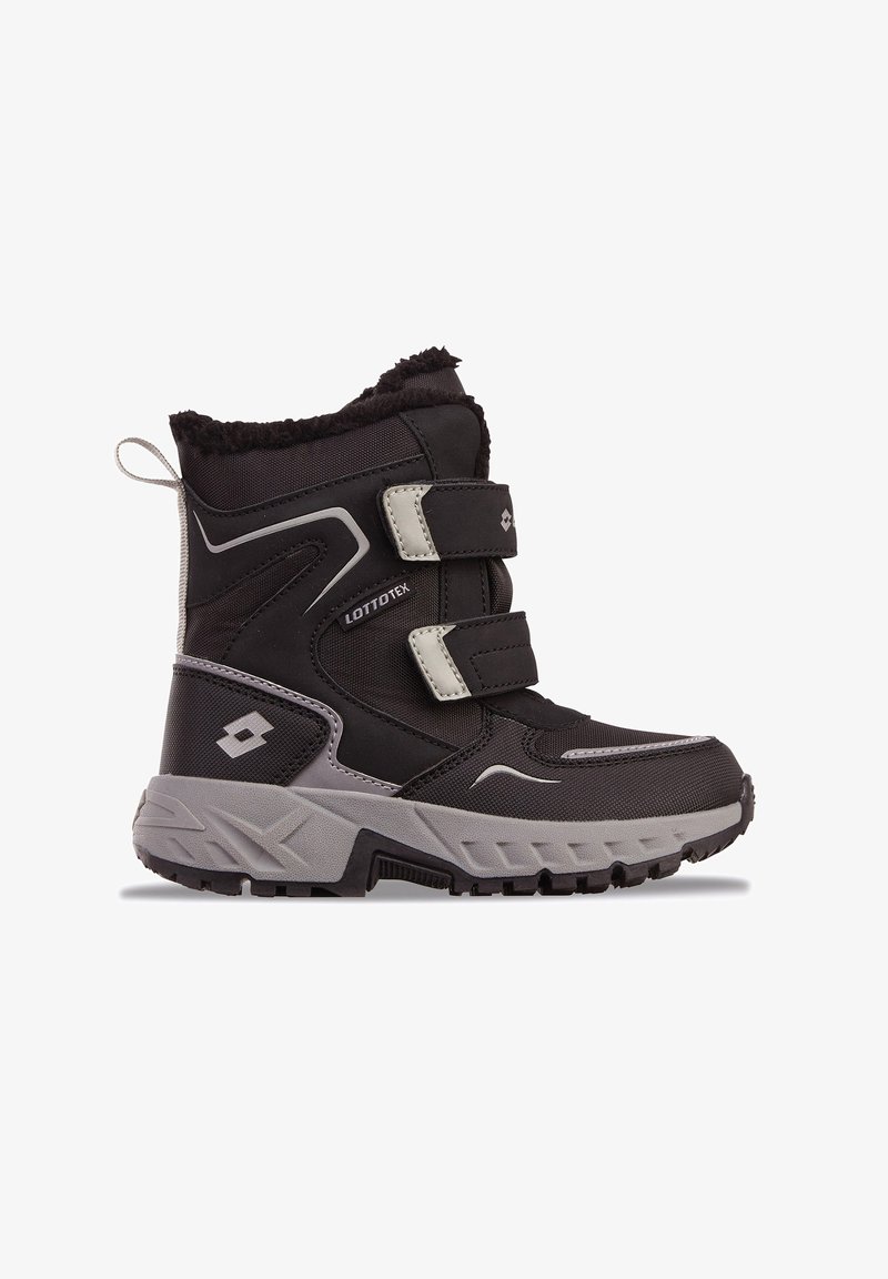 Schwarze wasserdichte Stiefel mit grauer Gummisohle, zwei verstellbaren Klettverschlüssen und einem flauschigen Kragen. Entwickelt für kalte Wetterbedingungen.