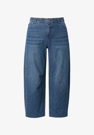 Pantaloni in denim a gamba larga di colore blu medio, con vita elastica, due tasche frontali e dettagli di cucitura a contrasto discreti.