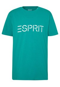 Tyrkysové tričko z organické bavlny s kulatým výstřihem a velkým bílým logem "ESPRIT" vytištěným na přední straně. Krátké rukávy, volný střih.