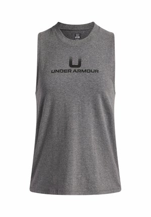 Camiseta atlética sin mangas de color gris con un escote redondo y el logotipo en negro de "Under Armour" en la parte delantera. Fabricada con un tejido suave y transpirable.