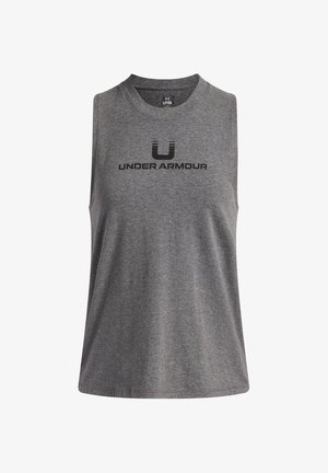 Hallitusseente halli ilma varrukat sporditop, millel on ümar kaelus ja must "Under Armour" logo ees. Valmistatud pehmest ja hingavast kangast.