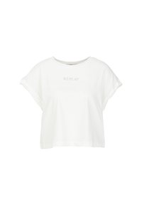 Camiseta blanca de manga corta hecha de algodón suave, con un cuello redondo y un sutil logo "REPLAY" en el centro.