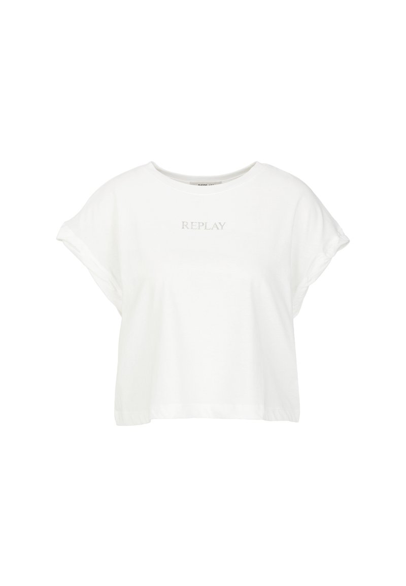 Camiseta blanca de manga corta hecha de algodón suave, con un cuello redondo y un sutil logo "REPLAY" en el centro.