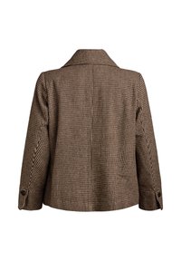 Braun und beige Hahnentritt- gemusterte Jacke mit langen Ärmeln, knöpfbaren Manschetten und einem breiten Kragen, von hinten auf weißem Hintergrund gezeigt.
