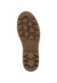 Semelle de chaussure en caoutchouc marron avec des motifs de semelle en forme d'étoile et une surface texturée. Présente la marque "TOM TAILOR" et la taille "40".