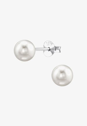 Zilveren stud oorbellen met grote ronde witte parels. De parels hebben een gladde oppervlakte en een hoge glans; de stiften zijn gemarkeerd met "925."