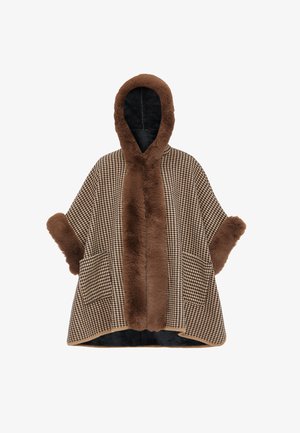 Poncho maro cu model houndstooth, cu trim din blană, glugă și două buzunare frontale. Are o textură moale și un interior de culoare închisă în contrast.