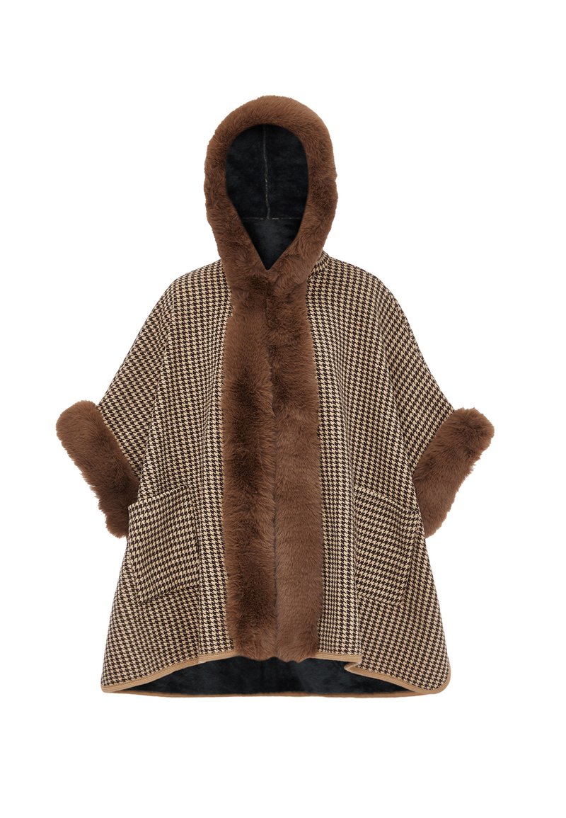 Poncho maro cu model houndstooth, cu trim din blană, glugă și două buzunare frontale. Are o textură moale și un interior de culoare închisă în contrast.