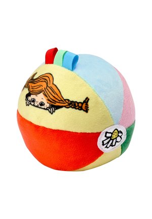 Zachte, meerkleurige pluchen bal met linten, met een meisje met gevlochten haar en een madeliefjesapplicatie.