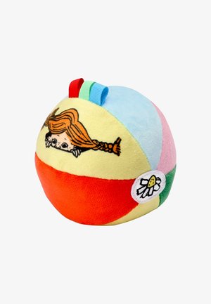 Zachte, meerkleurige pluchen bal met linten, met een meisje met gevlochten haar en een madeliefjesapplicatie.