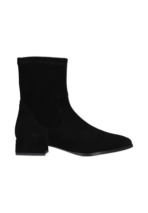 Black suede ankle boot with low block heel and rounded pointed toe viewed from the side on white background.
