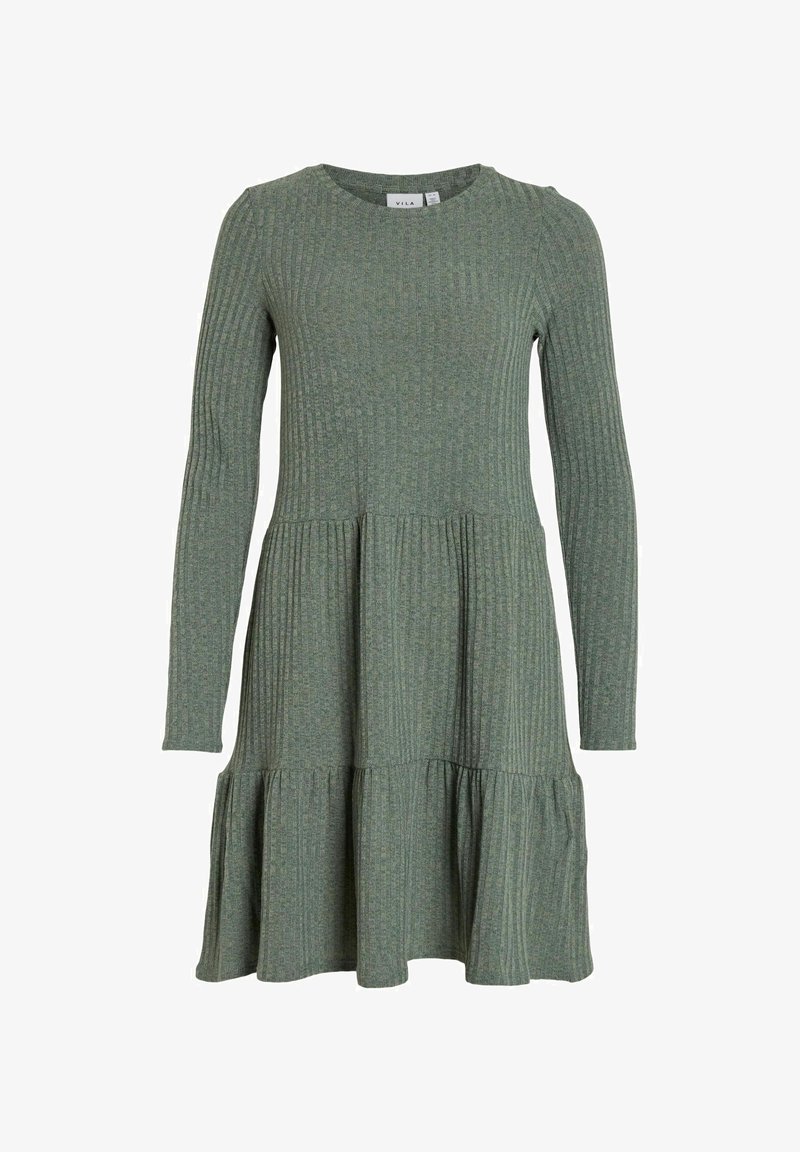 Robe à manches longues en maille côtelée vert doux avec jupe à volants et encolure ronde, conçue pour un port décontracté.