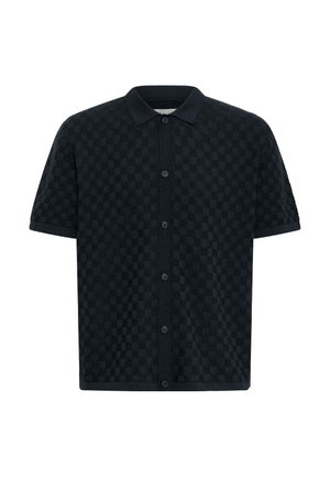 Must musta lühikeste varrukatega nööpidega särk tekstureeritud ruudulise mustriga ja klassikalise krae.