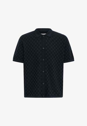 Must musta lühikeste varrukatega nööpidega särk tekstureeritud ruudulise mustriga ja klassikalise krae.