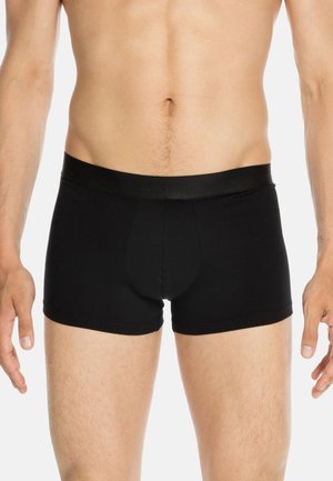 Black boxer briefs made from a stretchy fabric with a snug fit, featuring a smooth waistband and a contoured pouch design.